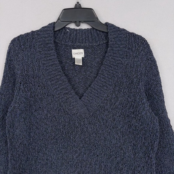 Chicos Sweater Womens 2 Large Blue V Neck Boucle Metallic Knit Pullover Textured - Picture 2 of 12